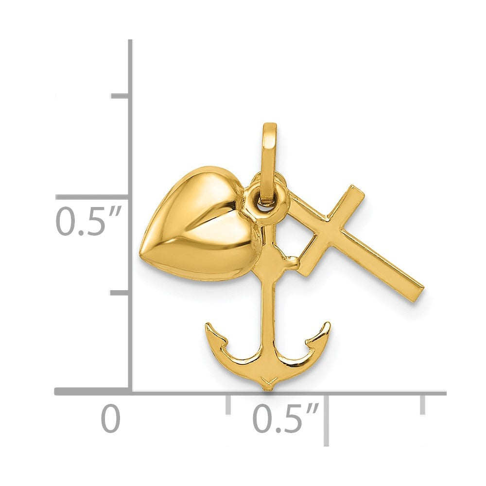 14K Polished Heart Cross Anchor Pendant