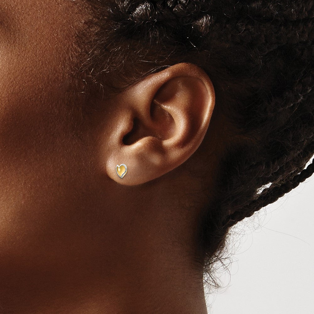 14k Two-tone Polished and Satin Heart Post Earrings