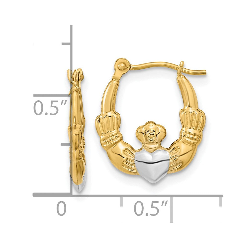 14k w/White Rhodium Polished Claddagh Hoops