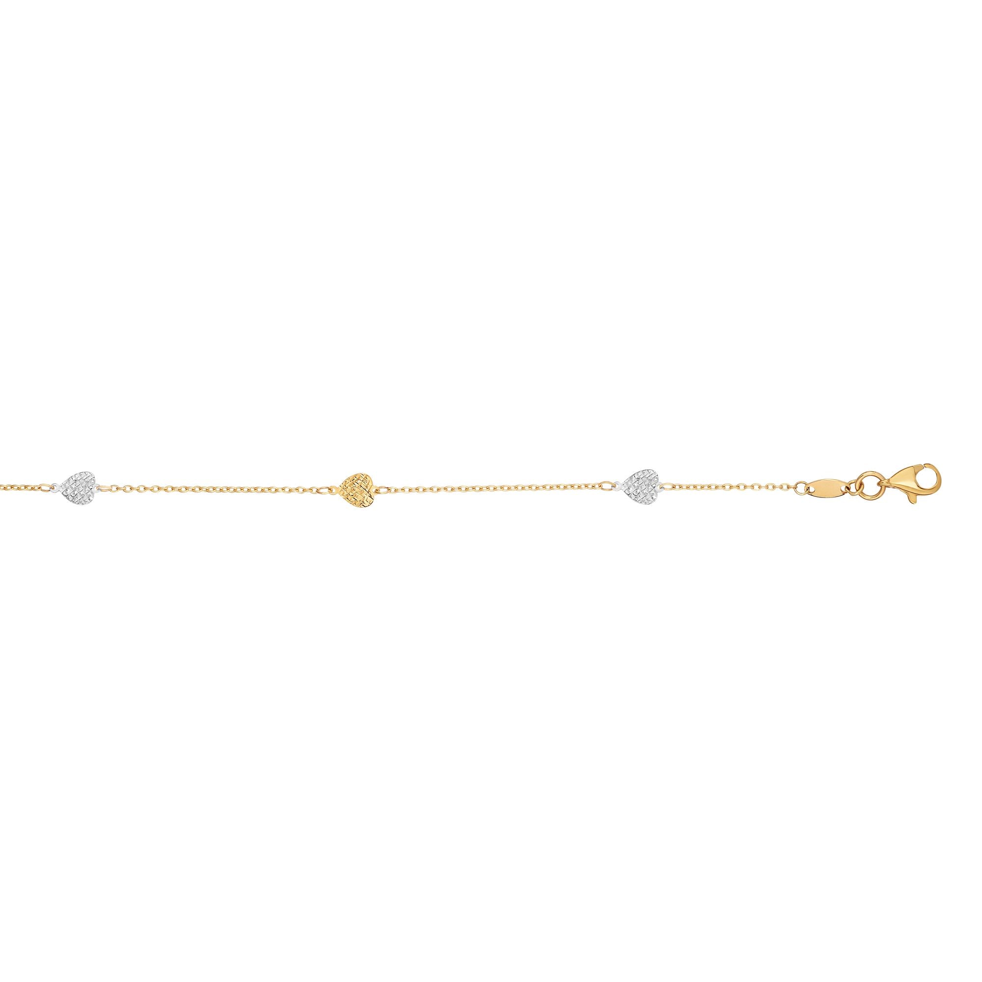 14K Two-tone Gold 10" Diamond Cut Heart Anklet
