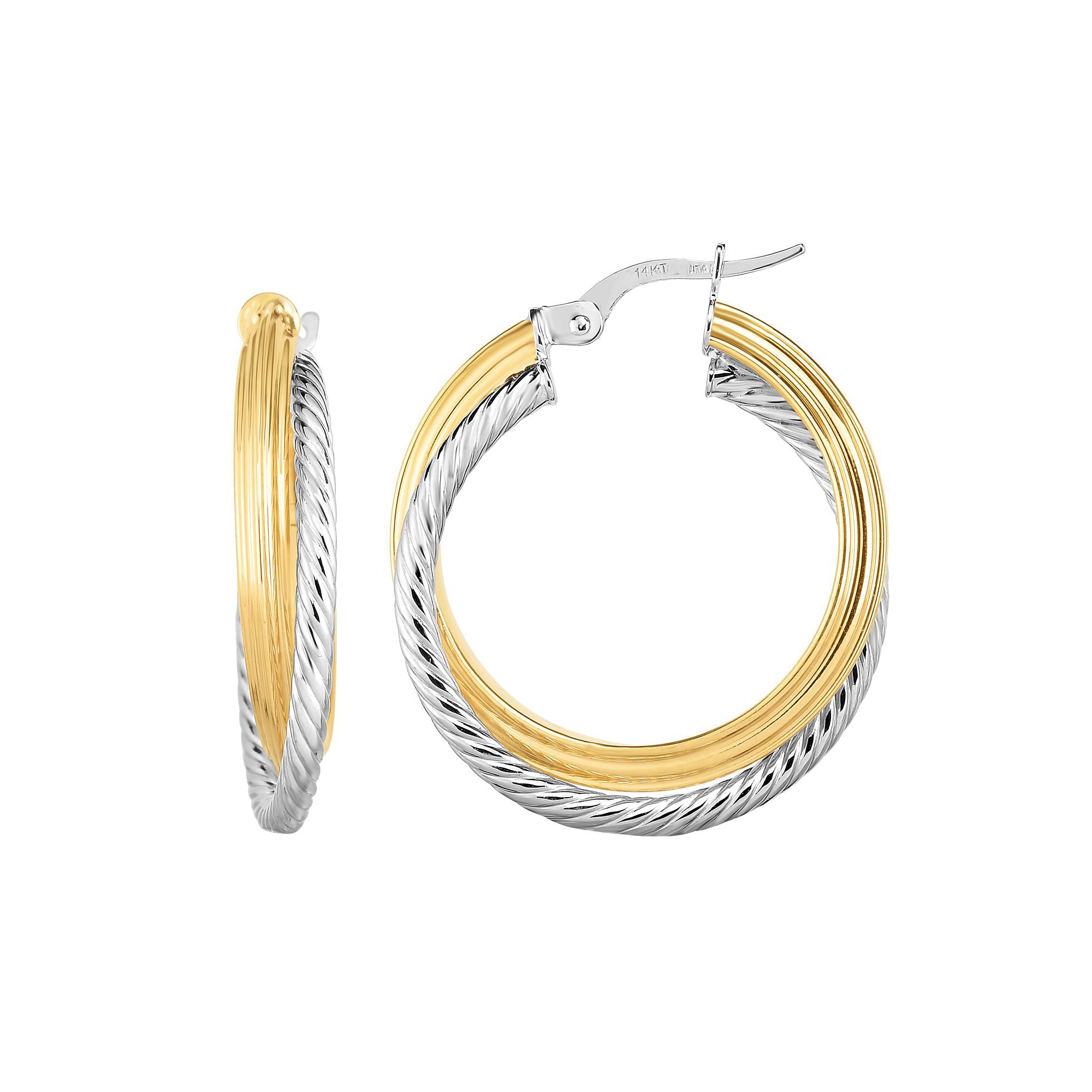 14K Yellow And White Gold Polished And Twist Hoop Earring
