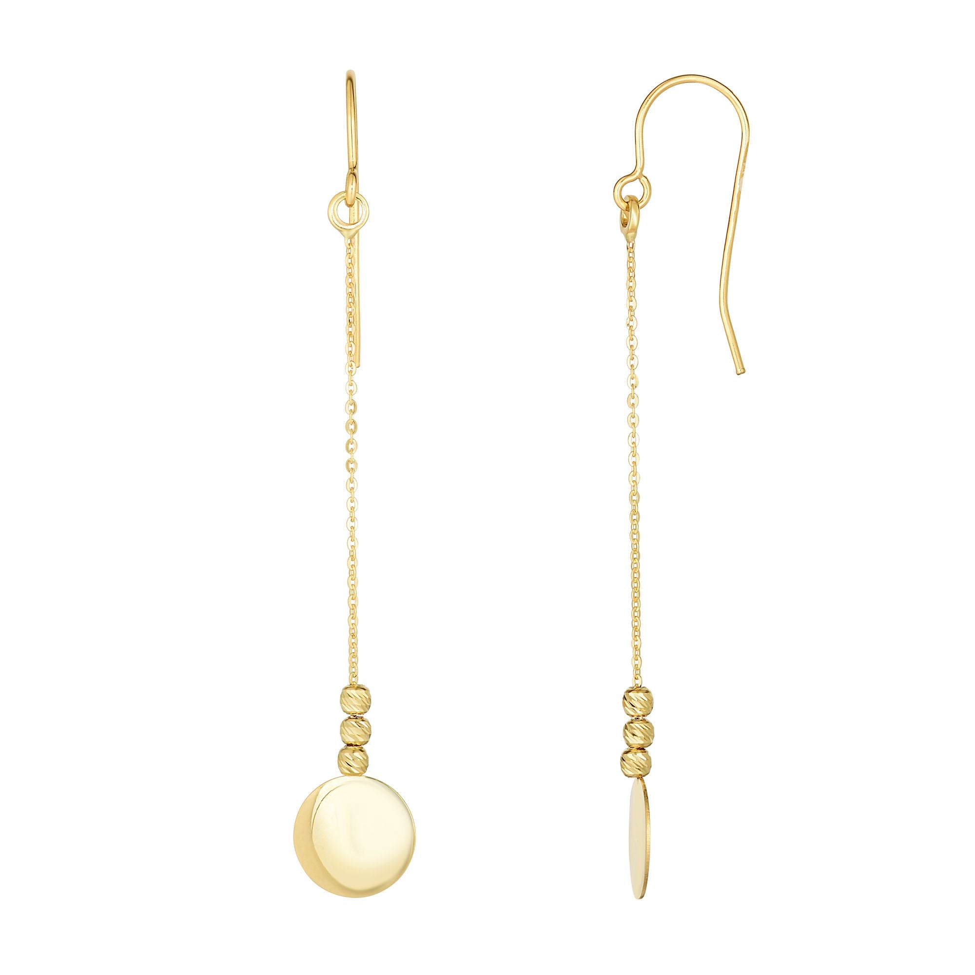10K Yellow Gold Polished Circle Disc & Bead Drop Earring