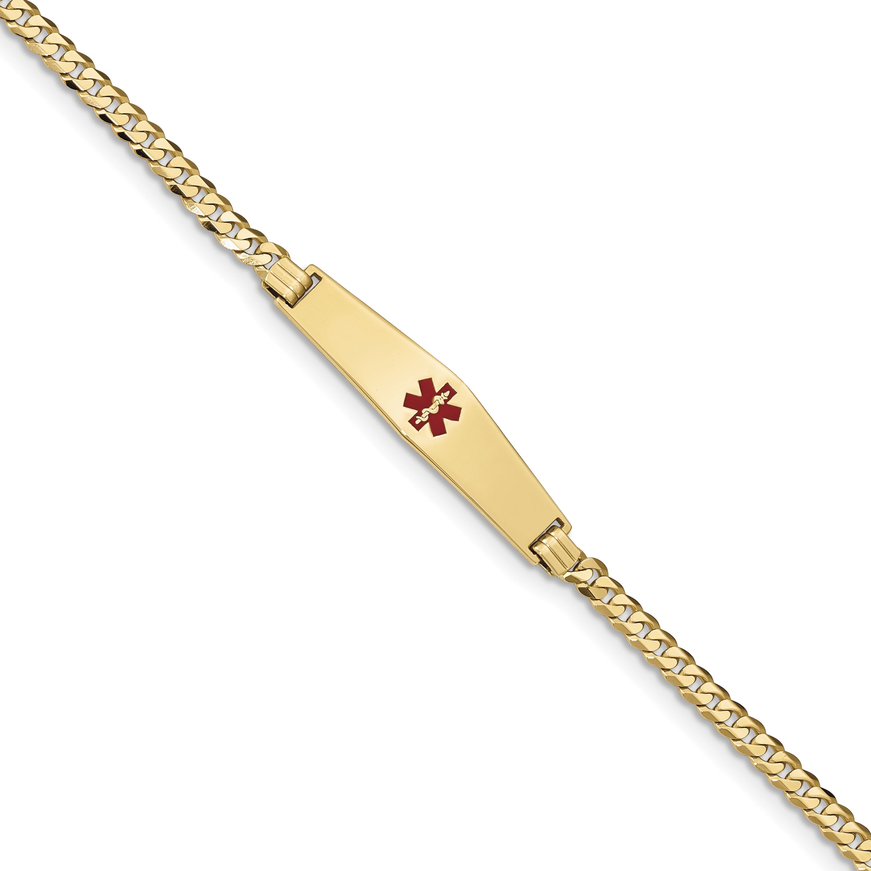 14K Medical Soft Diamond Shape Red Enamel Flat Curb Link Id Bracelet