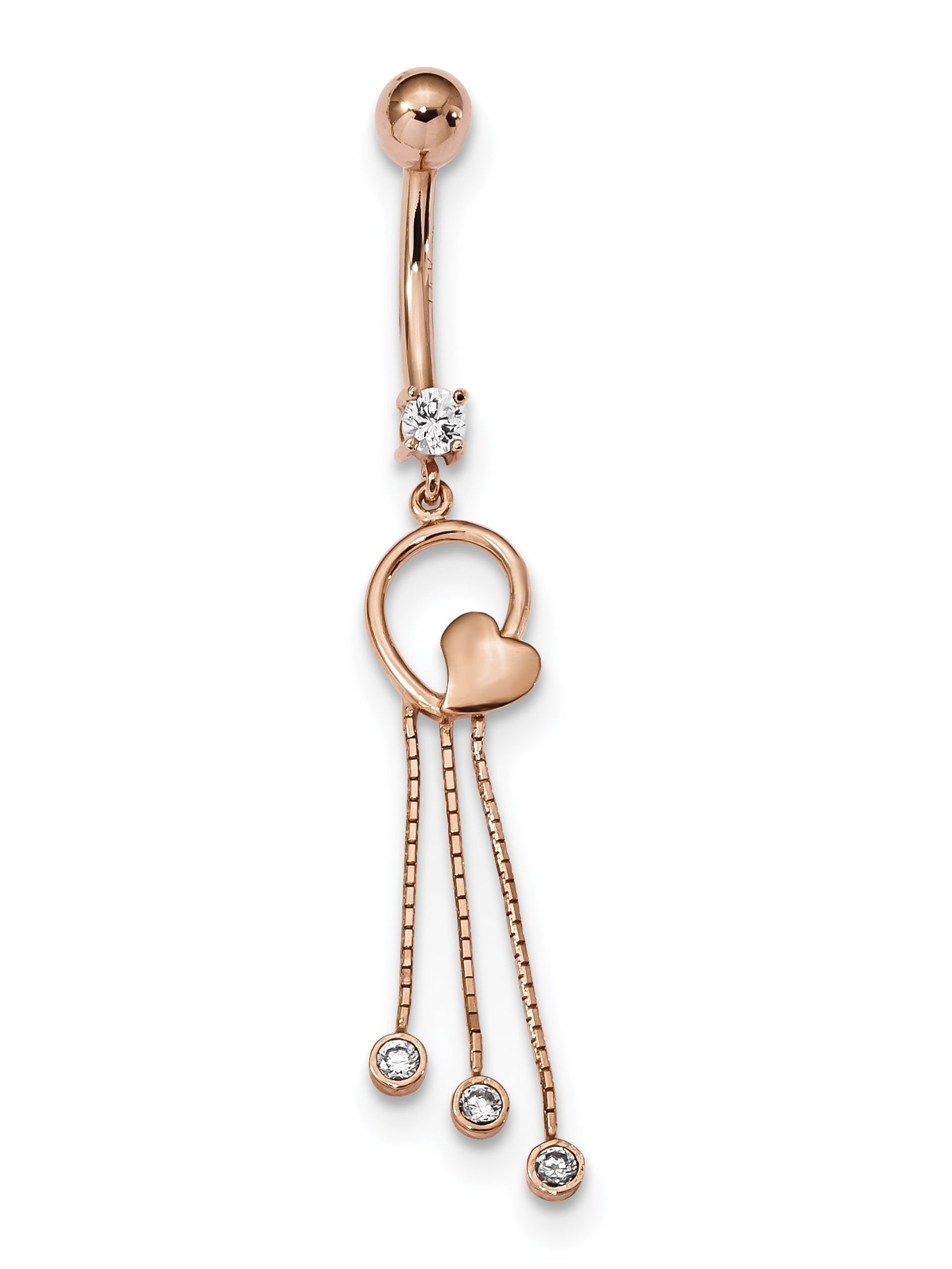 14K Rose Gold 14 Gauge Cz Heart 3-Chain Dangle Belly Ring