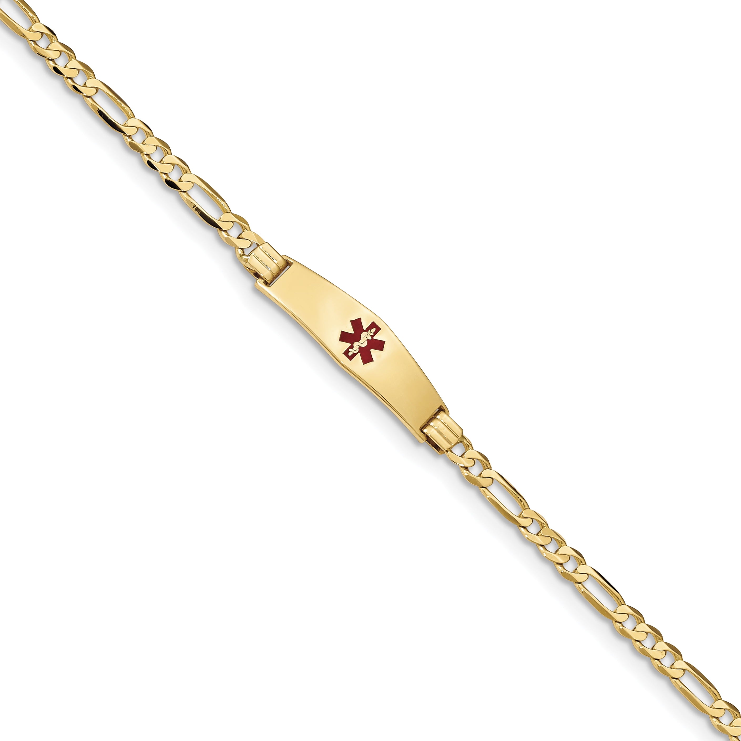 14K Medical Soft Diamond Shape Red Enamel Figaro Id Bracelet
