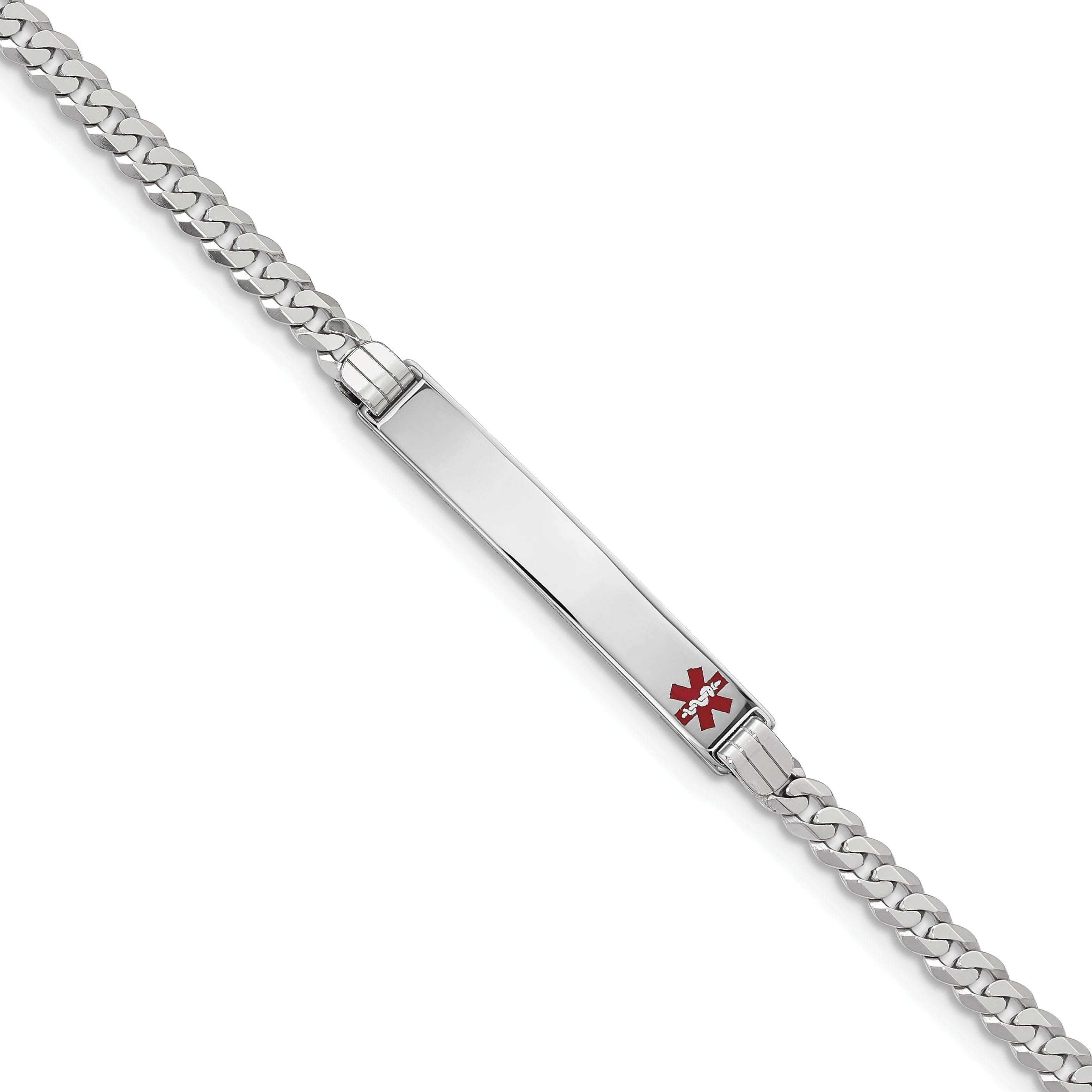 14K White Gold Medical Red Enamel Flat Curb Link Id Bracelet