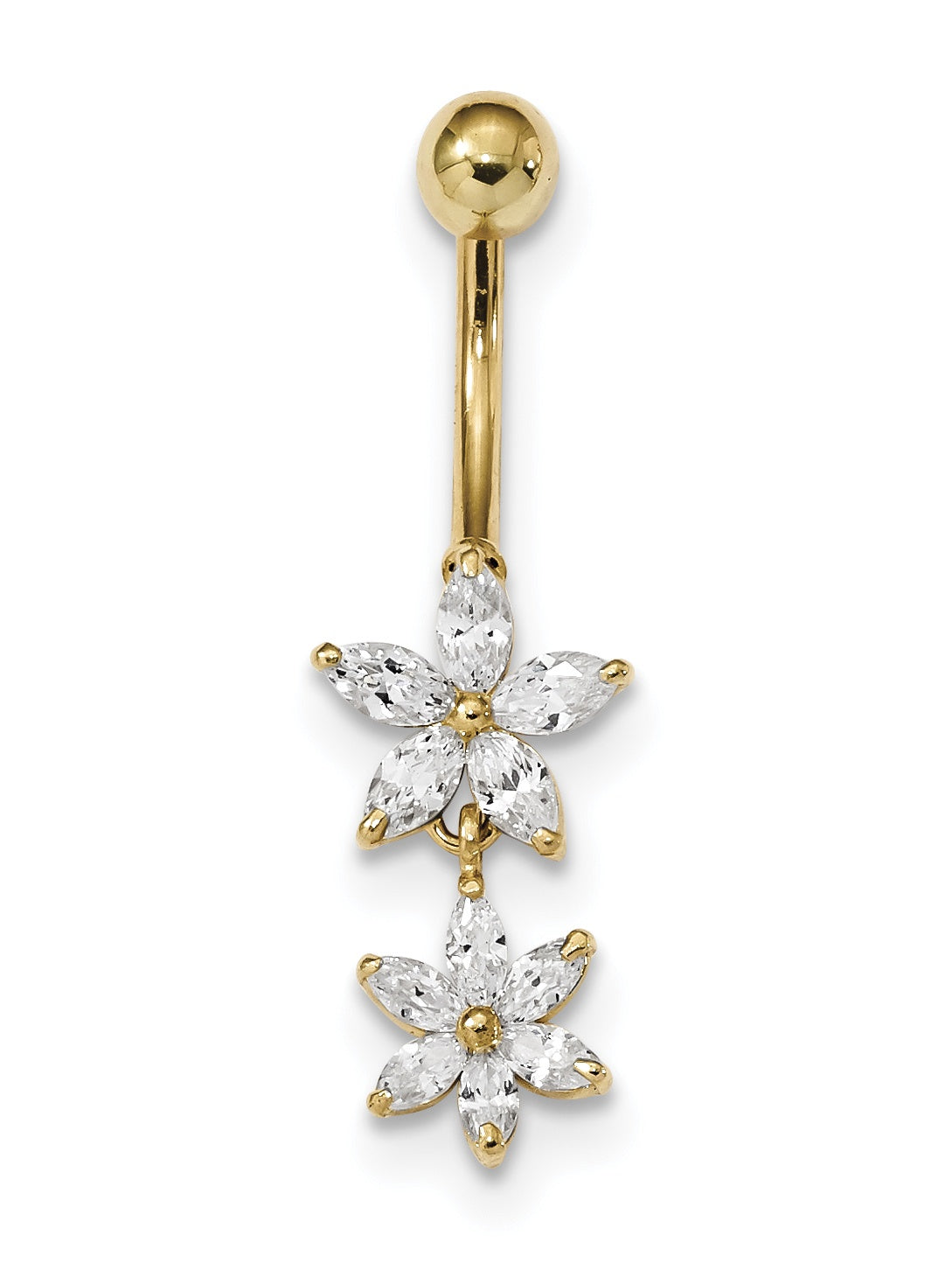 14K 14 Gauge Cz 2-Flower Dangle Belly Ring