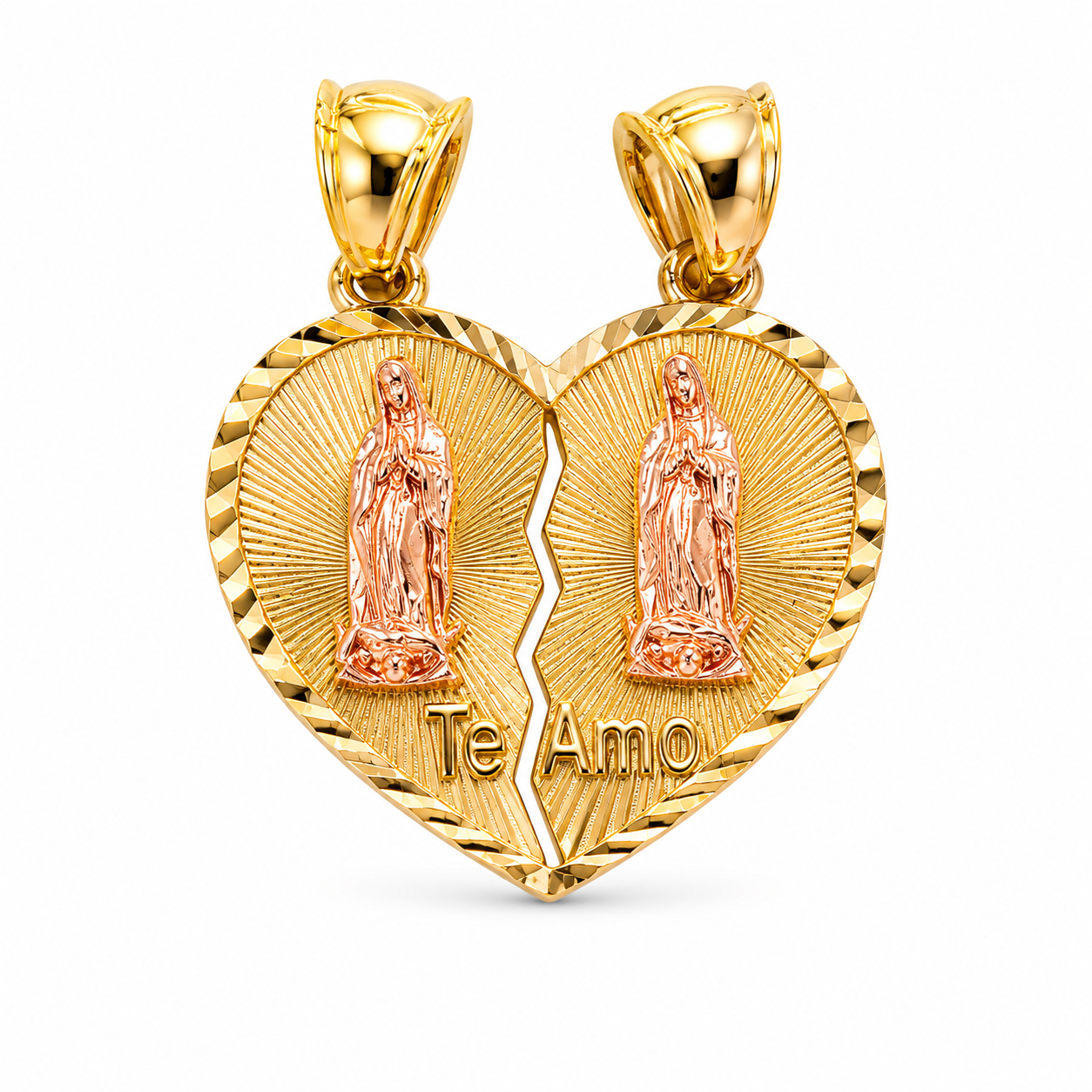 10KT Yellow Gold Our Lady of Guadalupe Te Amo Half Heart Pendant Set {A2B4}