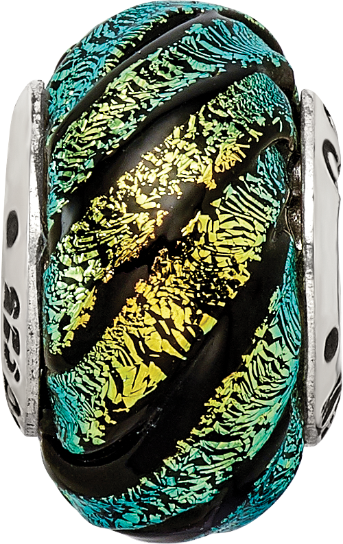 Sterling Silver Reflections Green Swirl Dichroic Glass Bead Size: 14.55MM X 10MM