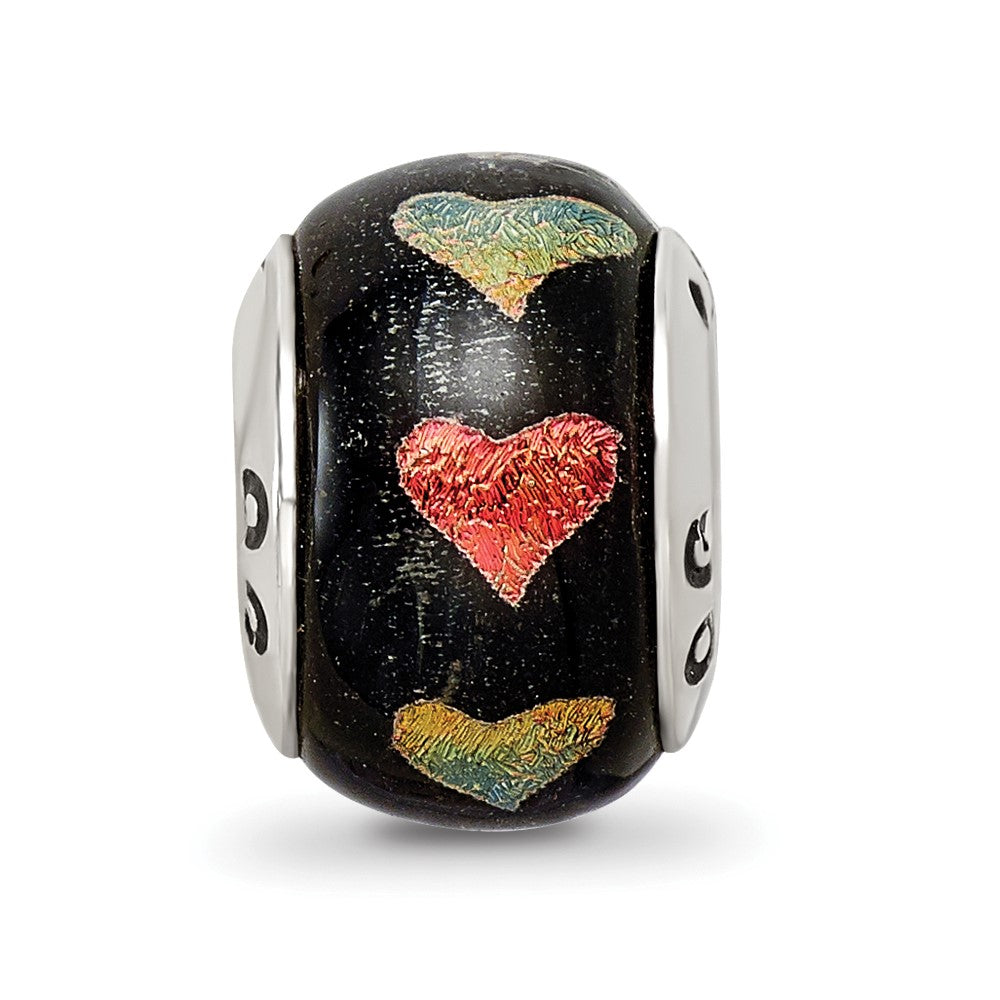 Sterling Silver Reflections Orange/Green Hearts Dichroic Glass Bead