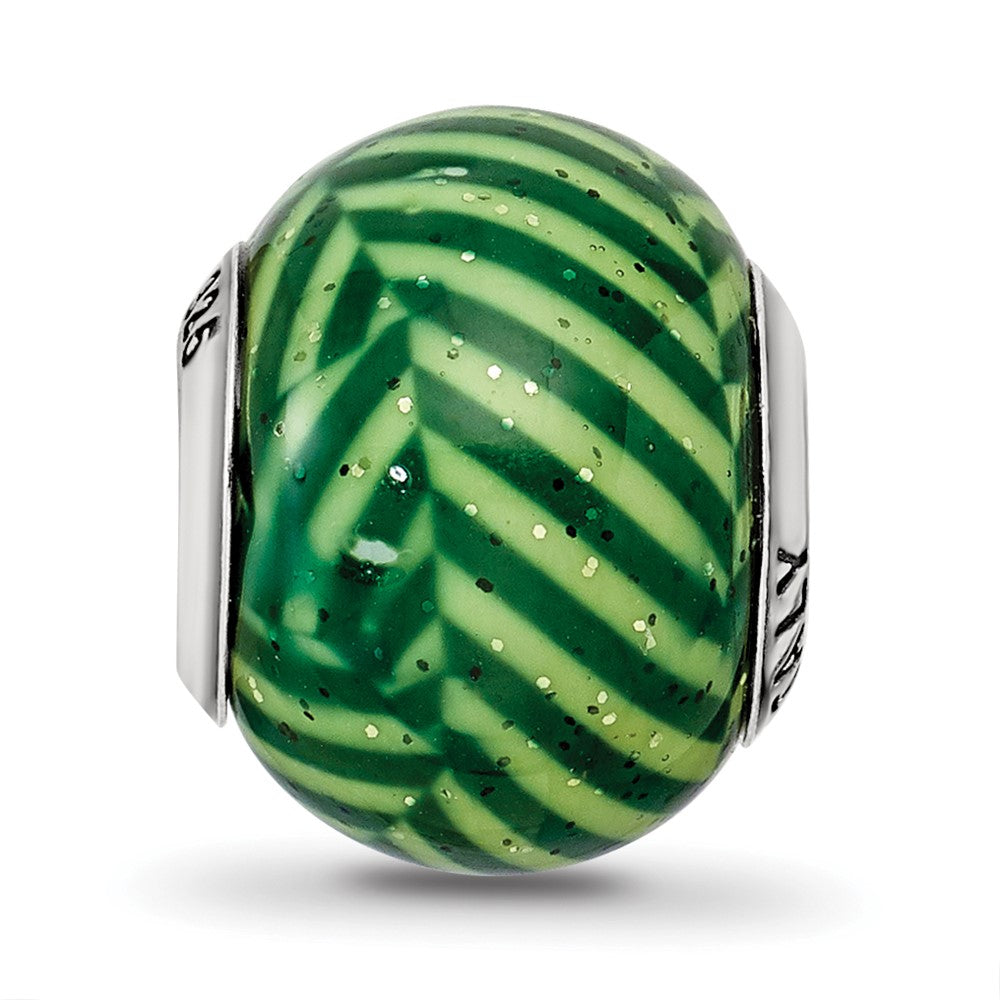 Sterling Silver Reflections Italian Green Stripes w/Glitter Glass Bead