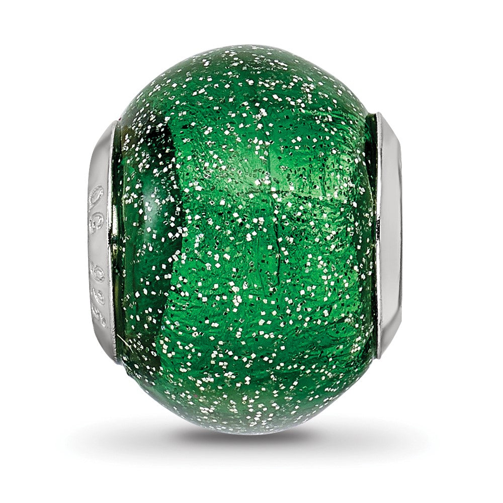 Sterling Silver Reflections Italian Green w/Silver Glitter Glass Bead