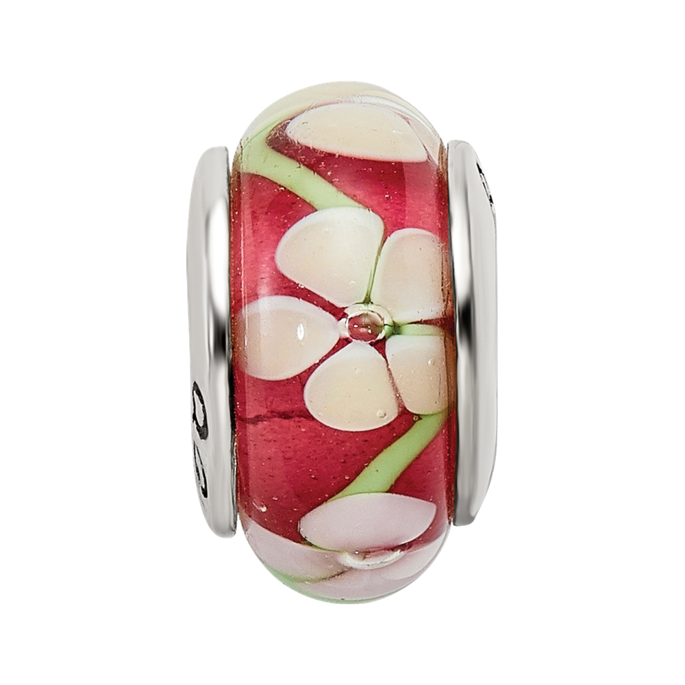 Sterling Silver Reflections Red Floral Hand-blown Glass Bead