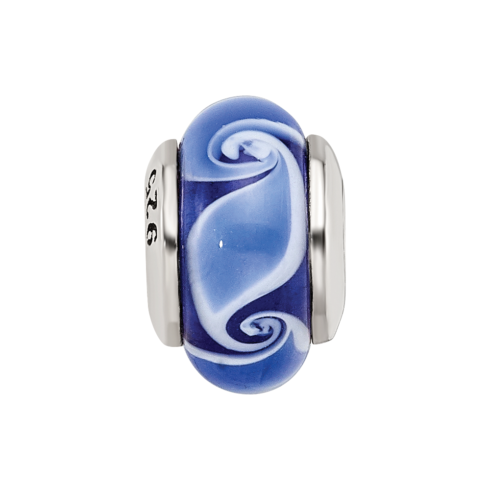 Kids Collection Sterling Silver Hand-blown Blue Glass Wave Pattern Reflections Bead