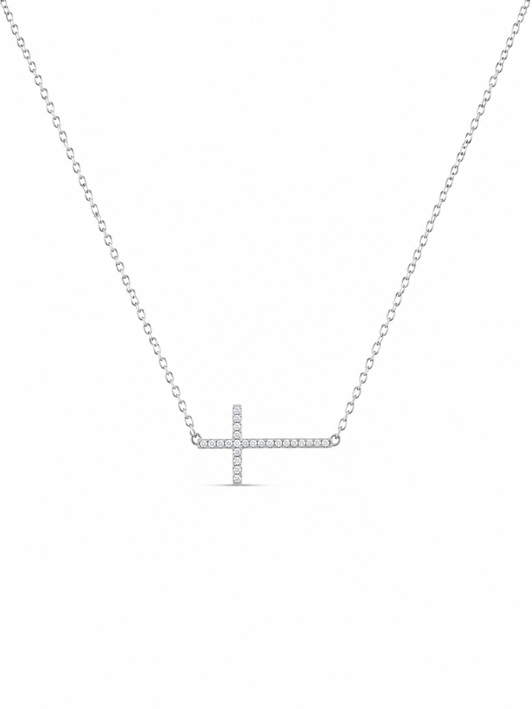 925 Sterling Silver Cubic Zirconium Lobster Lock Side Cross Necklace