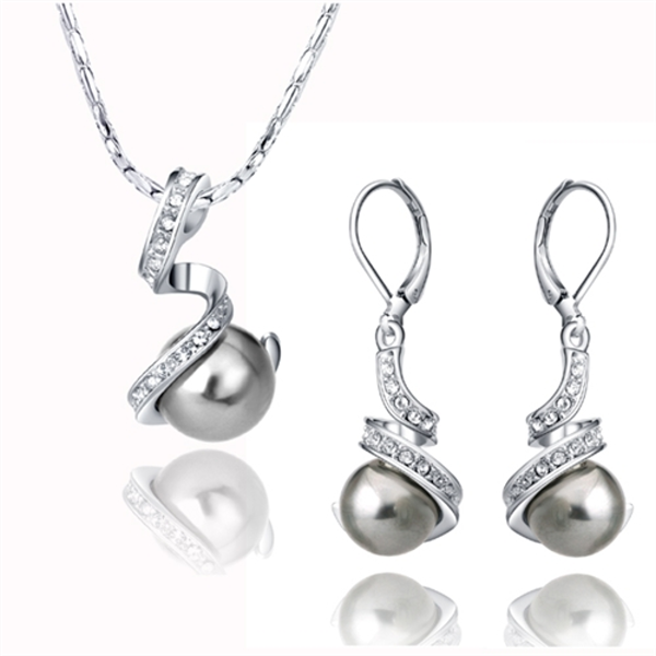 Sterling Silver Plated Designer White Or Black Pearl Pendant And Earring Set With 16" Chain (Final Sale)
