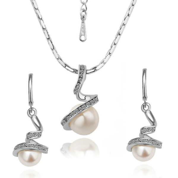 Sterling Silver Plated Designer White Or Black Pearl Pendant And Earring Set With 16" Chain (Final Sale)