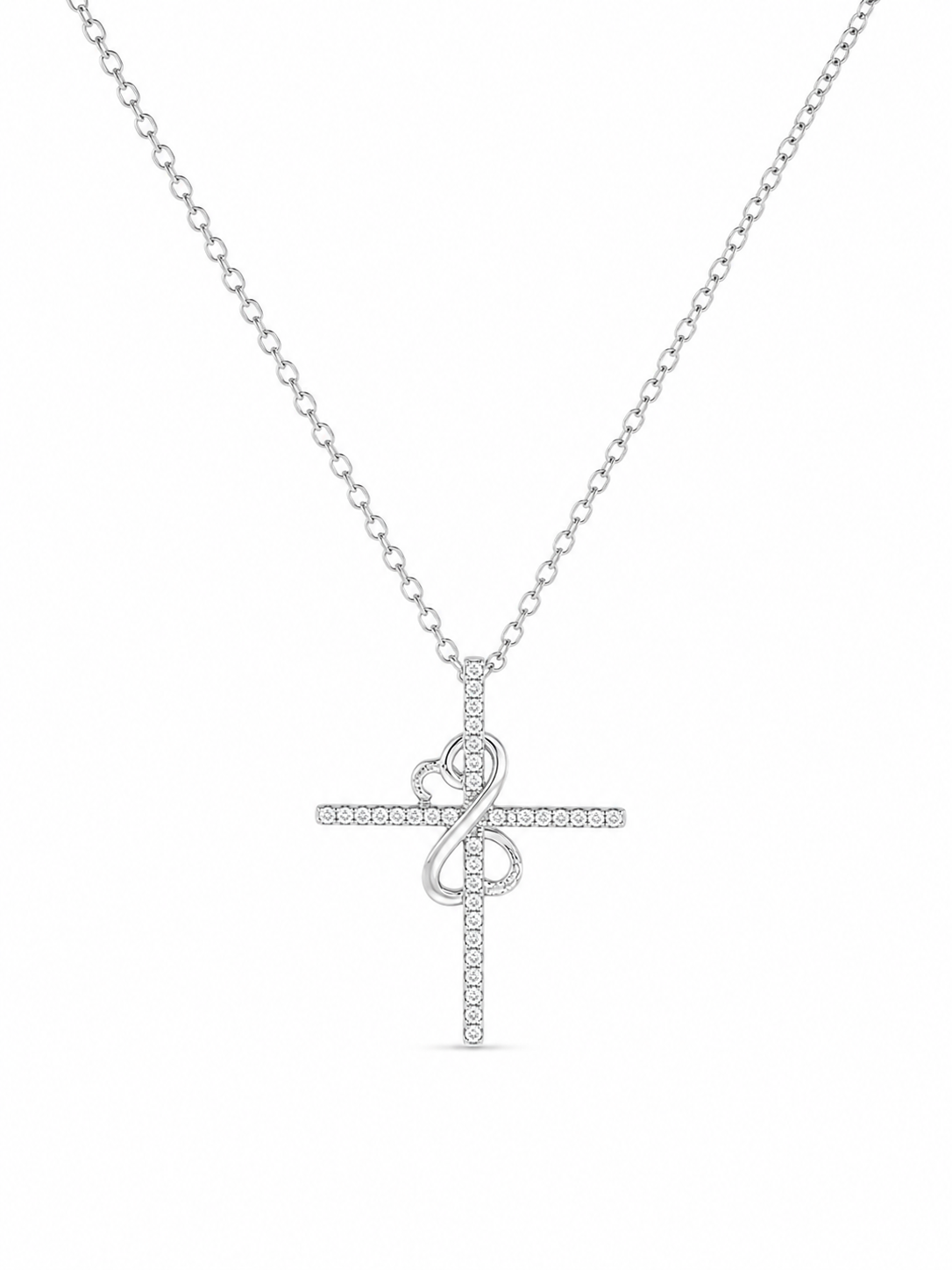 925 Sterling Silver Cubic Zirconium Lobster Lock Open Heart SS Cross Necklace