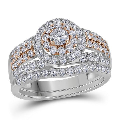 14kt White Gold Womens Round Diamond Double Halo Rose-tone Bridal Wedding Engagement Ring Band Set 1-1/2 Cttw 113997 - shirin-diamonds