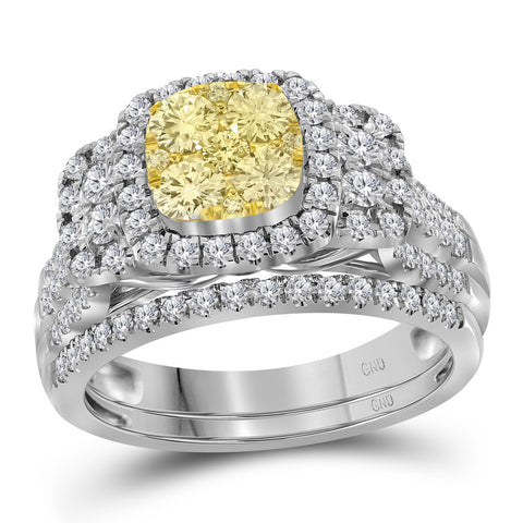 14kt White Gold Womens Round Yellow Diamond Bridal Halo Wedding Engagement Ring Band Set 1.00 Cttw 114392 - shirin-diamonds