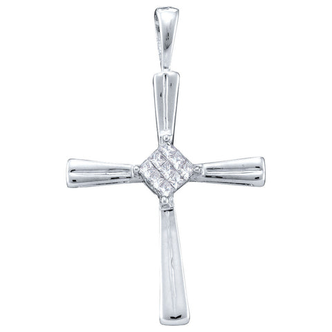 14kt White Gold Womens Princess Diamond Christian Cross Pendant 1/10 Cttw 15296 - shirin-diamonds