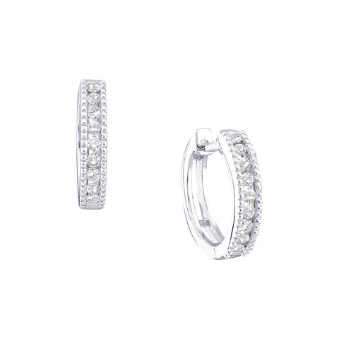 14k White Gold Round Channel-set Diamond Womens Small Hoop Milgrain-accent Fine Earrings 1/4 Cttw 49002 - shirin-diamonds