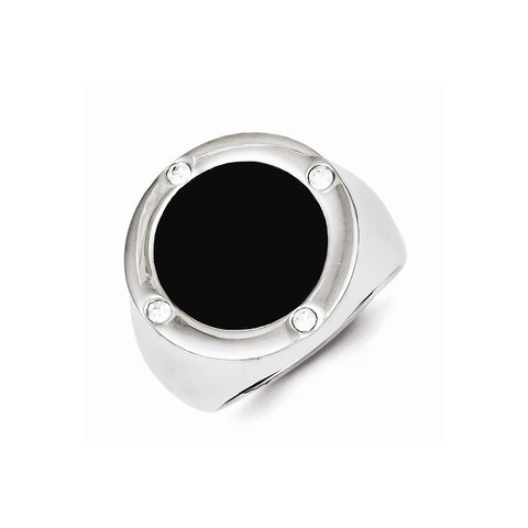 925 Sterling Silver Rhodium Plated Black Simulated Onyx and Cubic Zirconia Ring