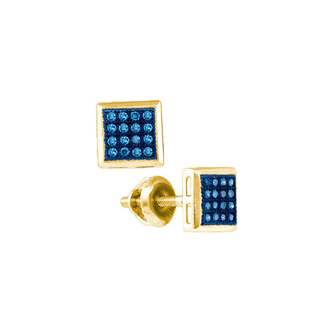 10k Yellow Gold Womens Blue Colored Diamond Square Cluster Screwback Stud Earrings 1/10 Cttw 81595 - shirin-diamonds