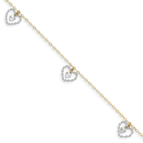 14K Two-tone Twisted & Diamond Cut Hearts w/ 1in Ext Anklet ANK258 - shirin-diamonds