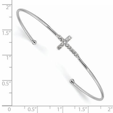 Sterling Silver Rhodium-plated CZ Cross Slip-on Cuff Bangle Bracelet QB1185 - shirin-diamonds