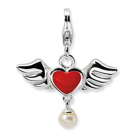 Sterling Silver 3-D Winged Red Heart FW Cultured Pearl w/Lobster Charm QCC122 - shirin-diamonds