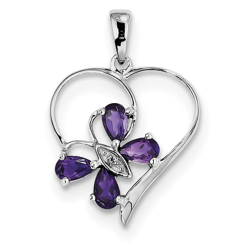 Sterling Silver Rhodium Amethyst & Diamond Butterfly Heart Pendant QDX366 - shirin-diamonds