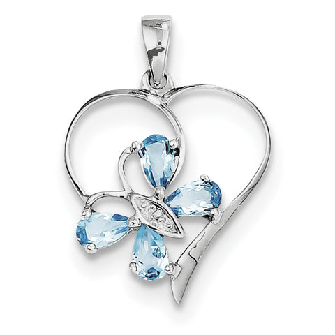 Sterling Silver Rhodium SW Blue Topaz & Diamond Butterfly Heart Pendant QDX510 - shirin-diamonds