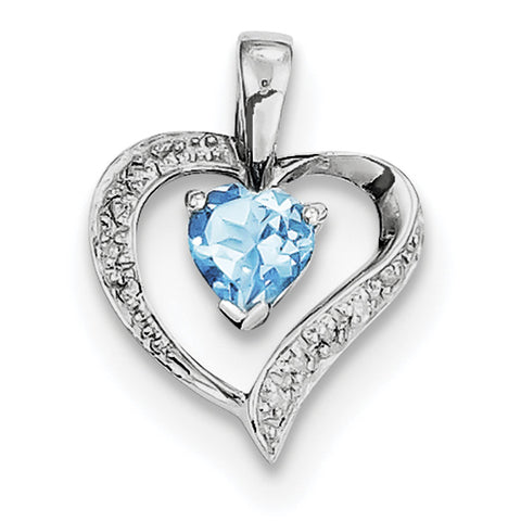 Sterling Silver Rhodium Heart Swiss Blue Topaz & Diamond Heart Pendant QDX556 - shirin-diamonds