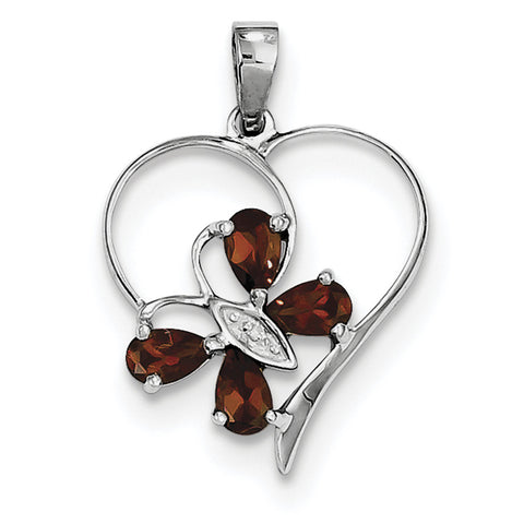 Sterling Silver Rhodium Garnet & Diamond Butterfly Heart Pendant QDX611 - shirin-diamonds