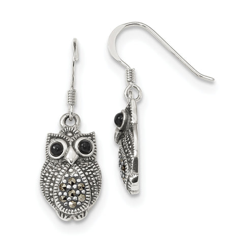Sterling Silver Marcasite & Black Agate Owl Shepherd Hook Earrings QE11125 - shirin-diamonds