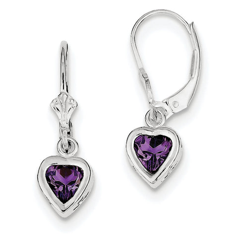 Sterling Silver Rhodium 6mm Heart Amethyst Leverback Earrings QE2047AM - shirin-diamonds