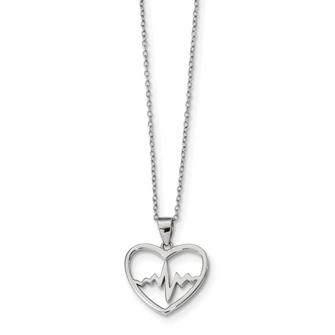 Sterling Silver Rhodium-plated Heartbeat in Heart w/2 inch ext. Necklace QG4369 - shirin-diamonds