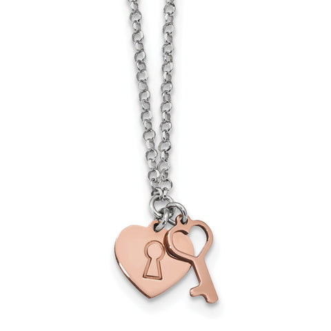 Sterling Silver Rhodium Rose-tone Heart & Key w/1.5in ext. Necklace QG4601 - shirin-diamonds