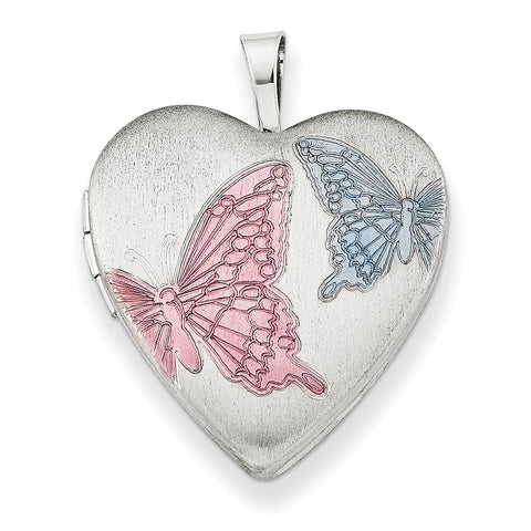 Sterling Silver Rhodium-plated 20mm with Enameled Butterflies Heart Locket QLS230 - shirin-diamonds