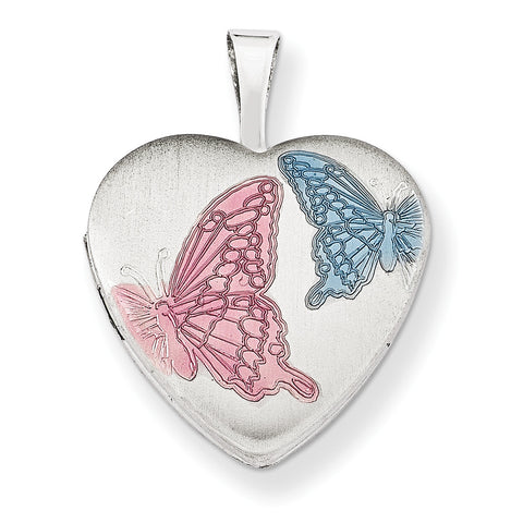 Sterling Silver Rhodium-plated 16mm Enameled Butterfly Heart Locket QLS256 - shirin-diamonds