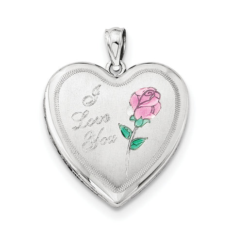 Sterling Silver Rhodium-plated 24mm Enameled Rose Heart Locket QLS305 - shirin-diamonds