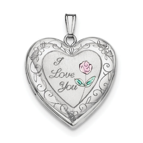 Sterling Silver Rhodium-plated 24mm Enameled Rose with Border Heart Locket QLS309 - shirin-diamonds