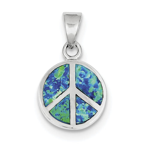 Sterling Silver Blue Inlay Created Opal  Peace Sign Pendant QP2746 - shirin-diamonds