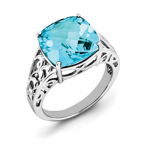 Sterling Silver Rhodium Checker-Cut Blue Topaz Ring QR2943BT - shirin-diamonds