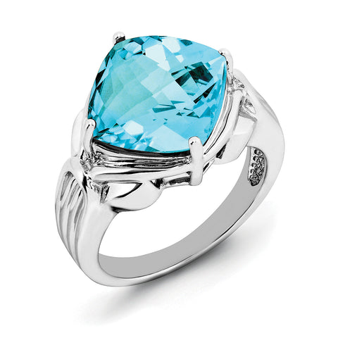Sterling Silver Rhodium Checker-Cut Blue Topaz Ring QR2945BT - shirin-diamonds
