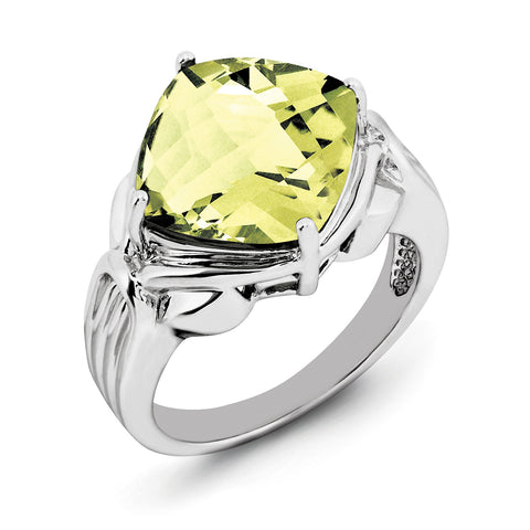 Sterling Silver Rhodium Checker-Cut Lemon Quartz Ring QR2945LQ - shirin-diamonds