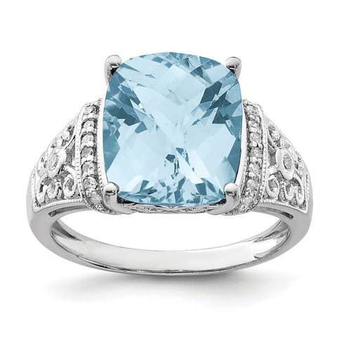 925 Sterling Silver Rhodium Diamond and Checker-Cut Light Swiss Blue Topaz Ring