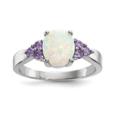 Sterling Silver Rhodium-plated Oval Created Opal w/Purple CZ Ring - shirin-diamonds