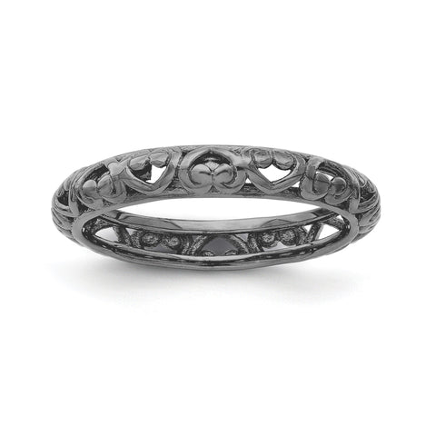 Sterling Silver Stackable Expressions Black-plated Carved Ring - shirin-diamonds